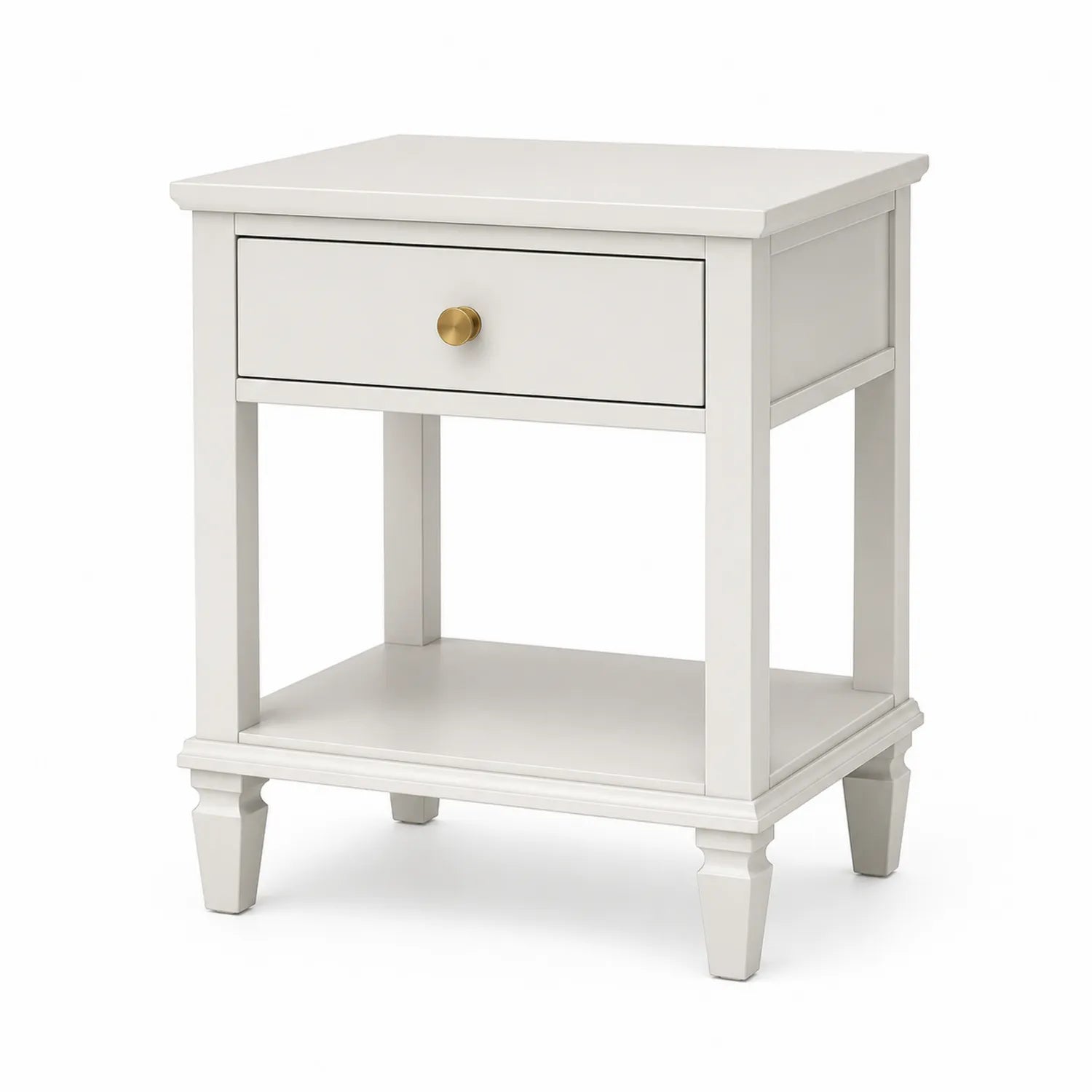 Table de chevet en bois blanc avec tiroir et étagère