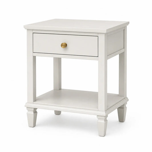 Table de chevet en bois blanc avec tiroir et étagère