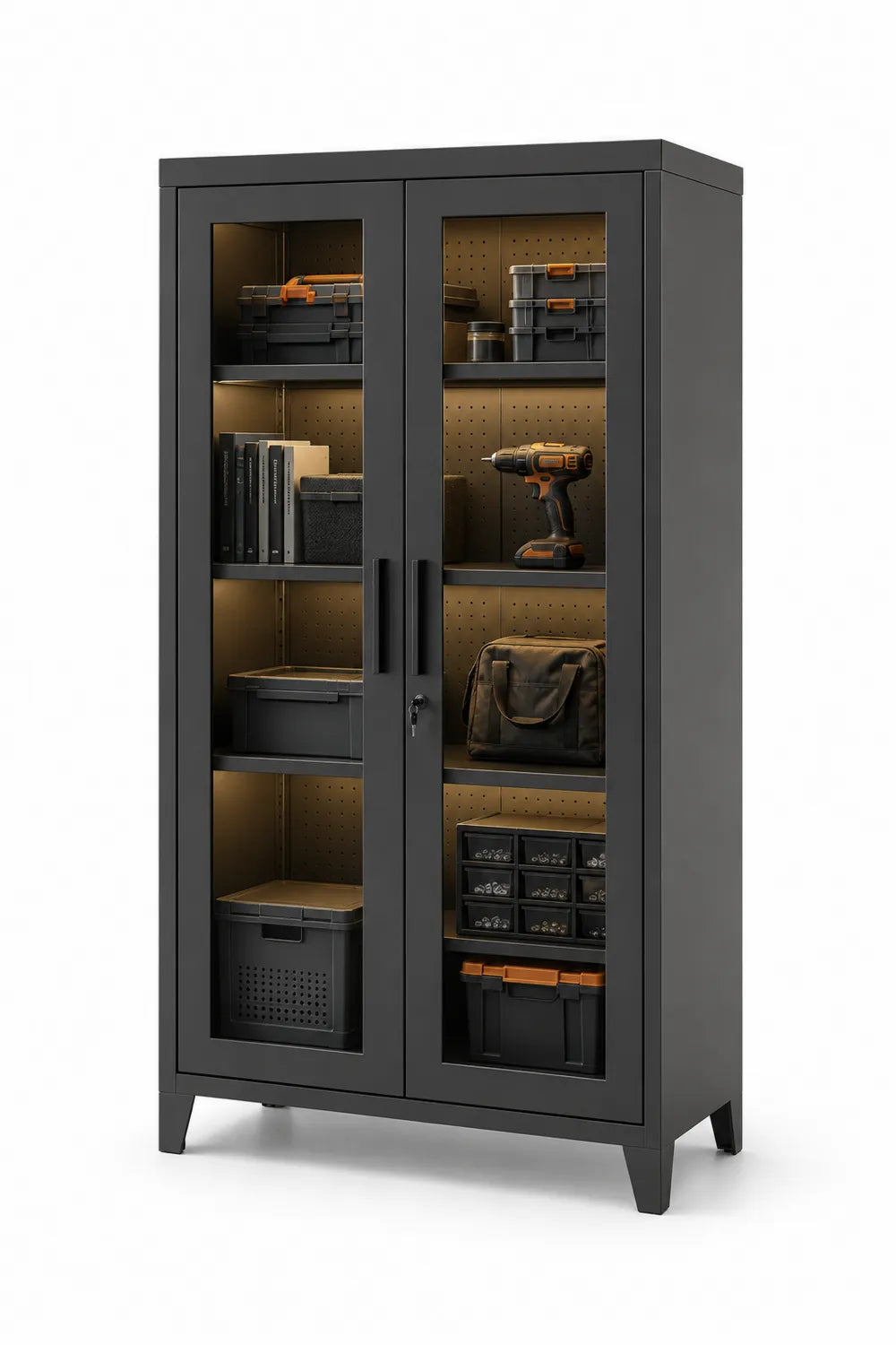 Armoire de rangement en métal noir avec portes vitrées