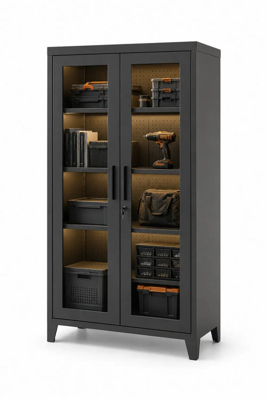 Armoire de rangement en métal noir avec portes vitrées