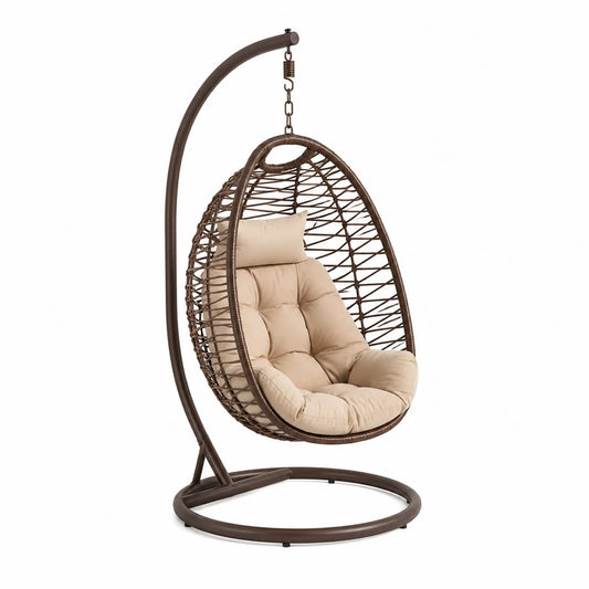 Fauteuil suspendu en rotin synthétique marron avec coussin beige