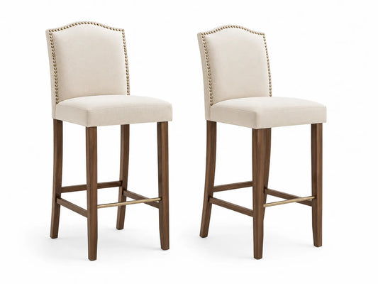 Tabourets de bar en bois et tissu beige avec dossier clouté, lot de 2