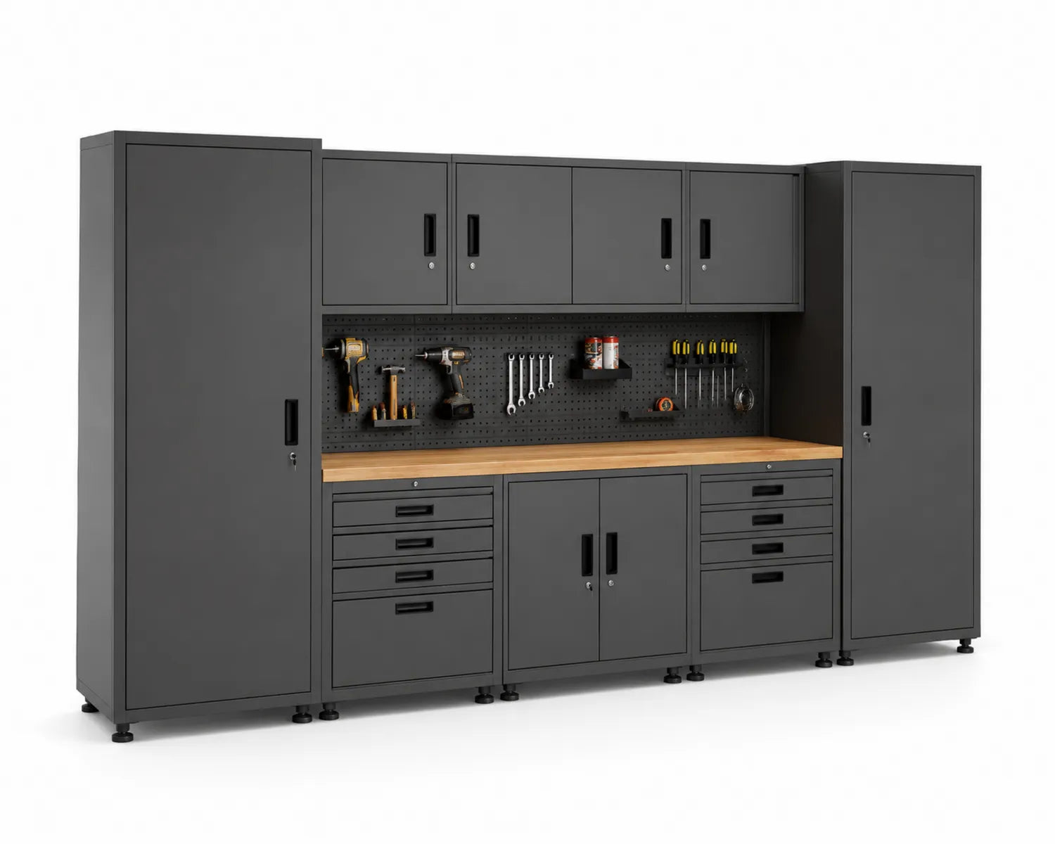 Ensemble de rangement de garage en acier avec plan de travail en bois 260x47x200 cm Gris