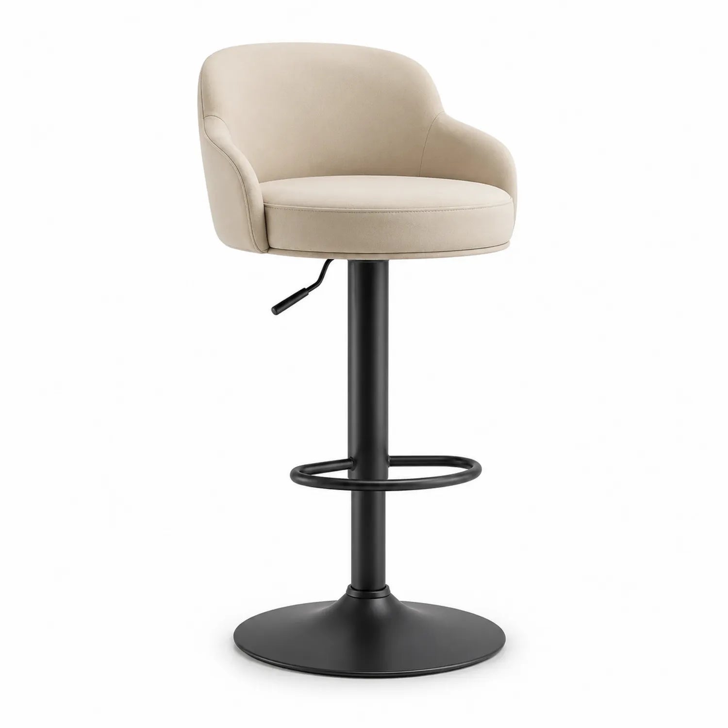 Tabouret de bar en tissu beige avec piètement en métal noir, hauteur réglable