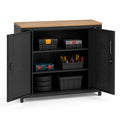 Armoire de rangement en acier noir avec plateau en bois, 2 portes et 3 étagères